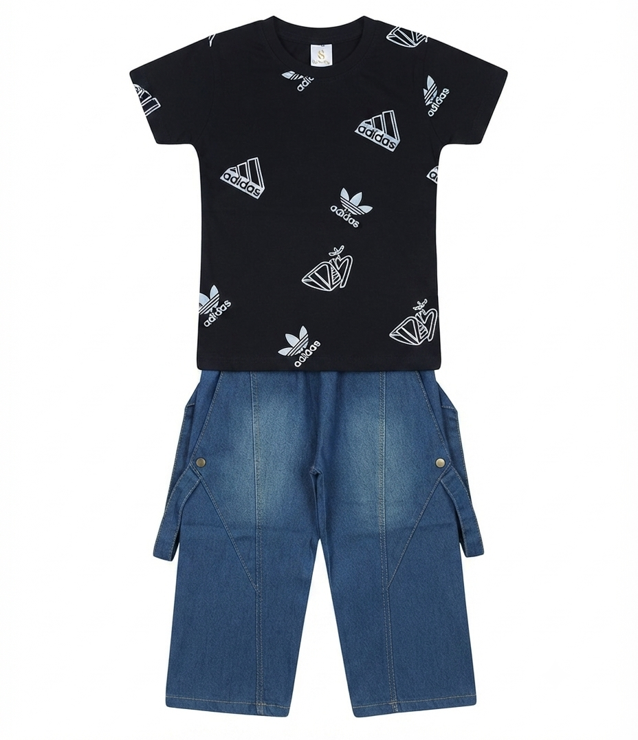 Boys Black Printed T-Shirt with Denim Cargo Pants