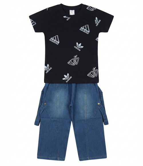 Boys Black Printed T-Shirt with Denim Cargo Pants