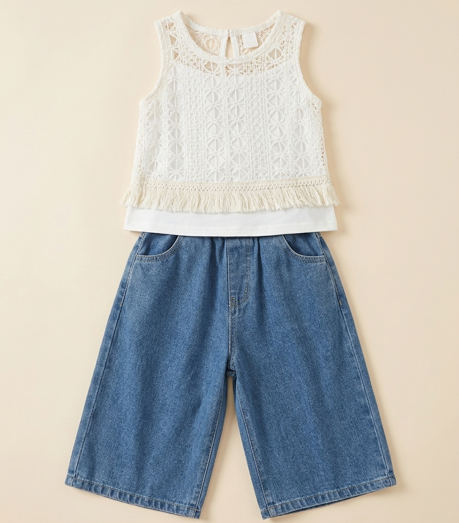 Girls White Crochet Lace Top & Denim Culotte Set