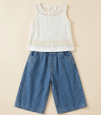 Girls White Crochet Lace Top & Denim Culotte Set