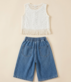 Girls White Crochet Lace Top & Denim Culotte Set