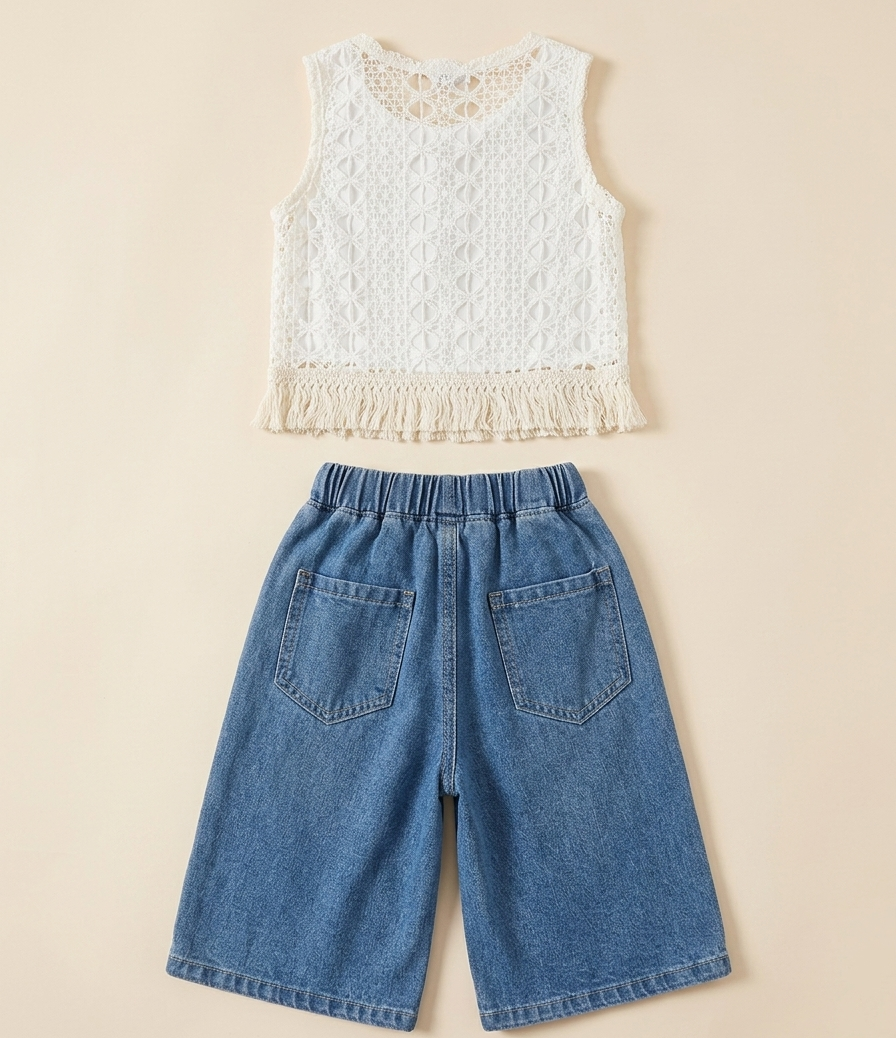 Girls White Crochet Lace Top & Denim Culotte Set