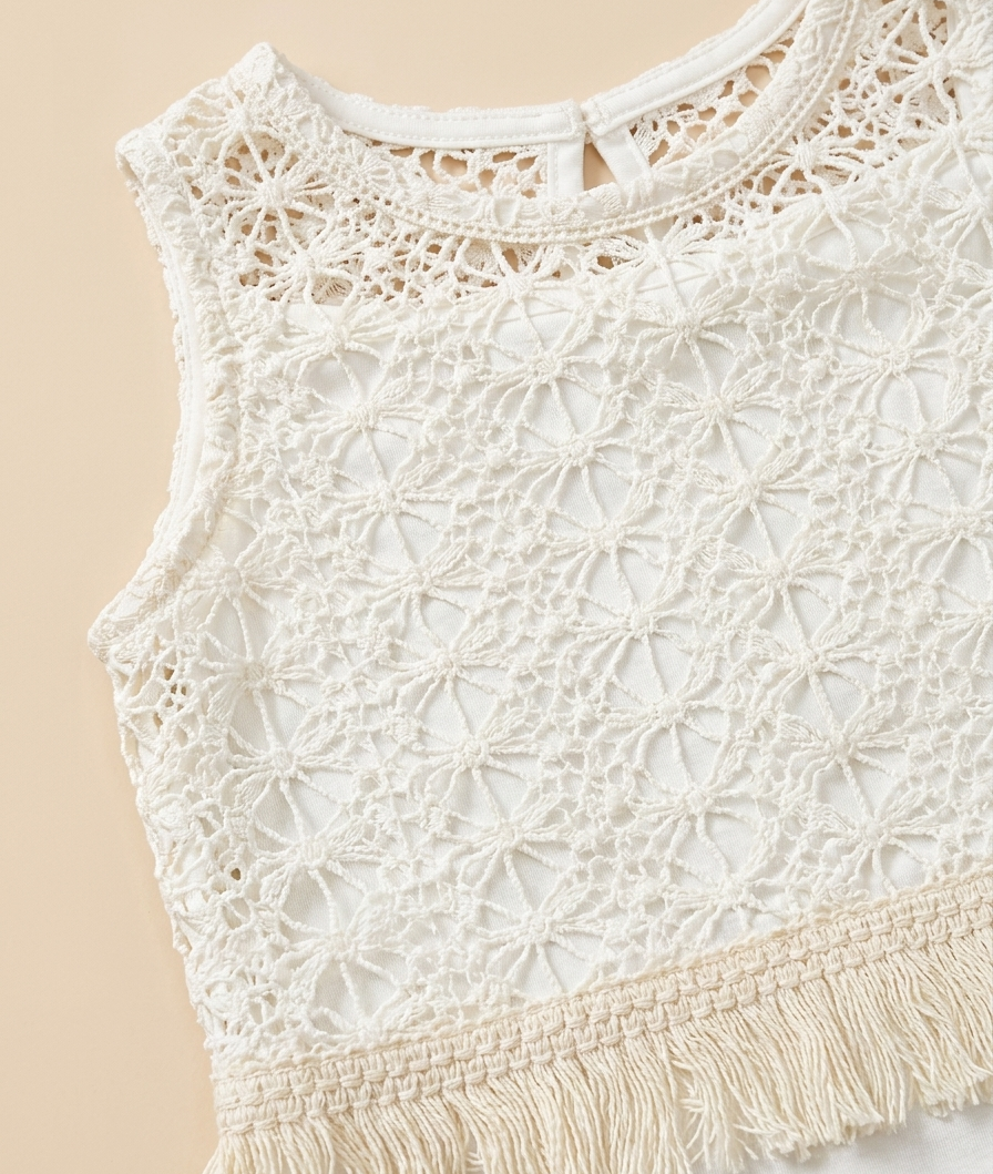 Girls White Crochet Lace Top & Denim Culotte Set