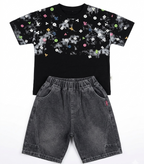 Boys Black Printed T-Shirt with Grey Denim Shorts