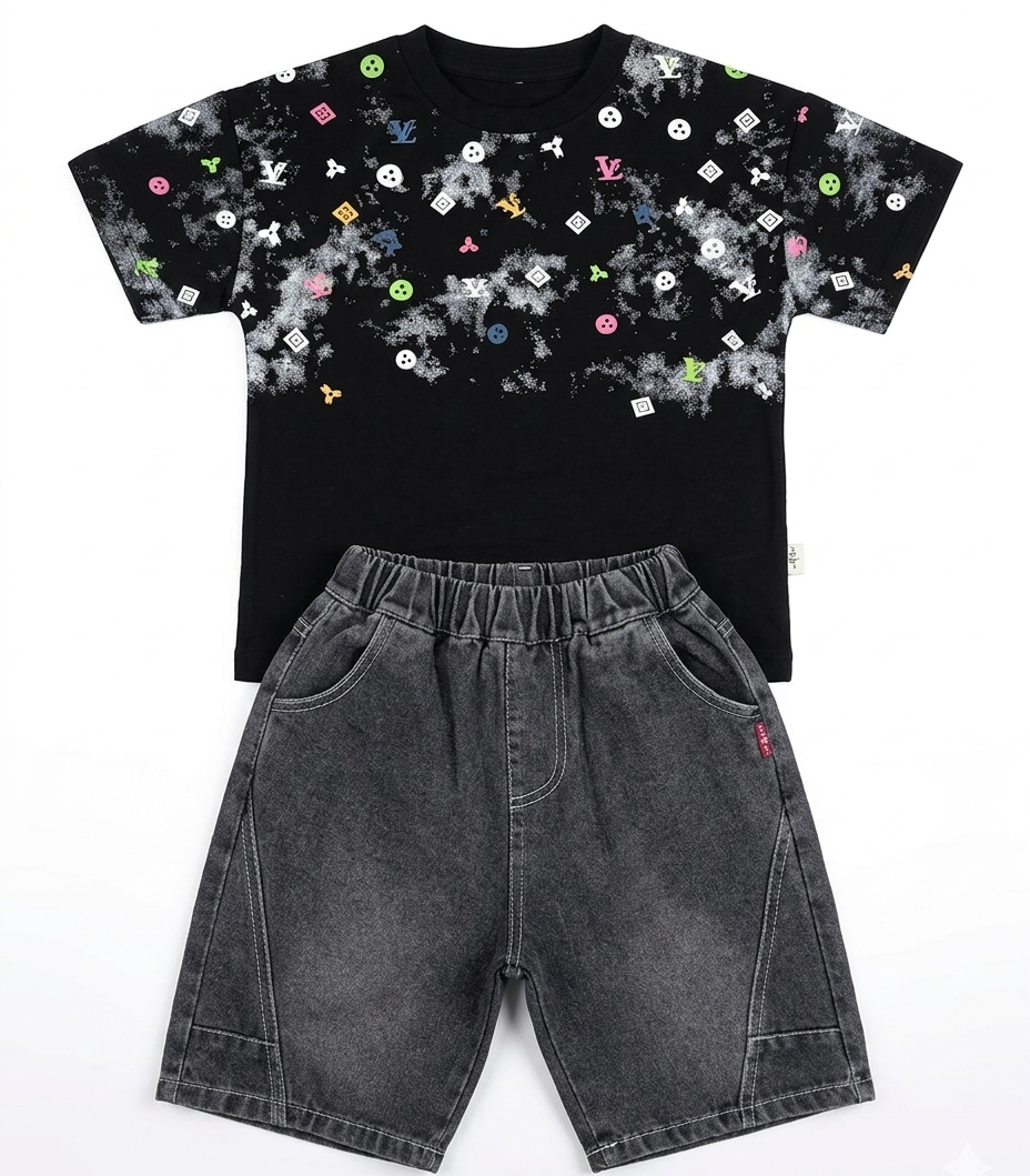 Boys Black Printed T-Shirt with Grey Denim Shorts