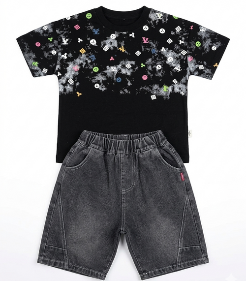 Boys Black Printed T-Shirt with Grey Denim Shorts