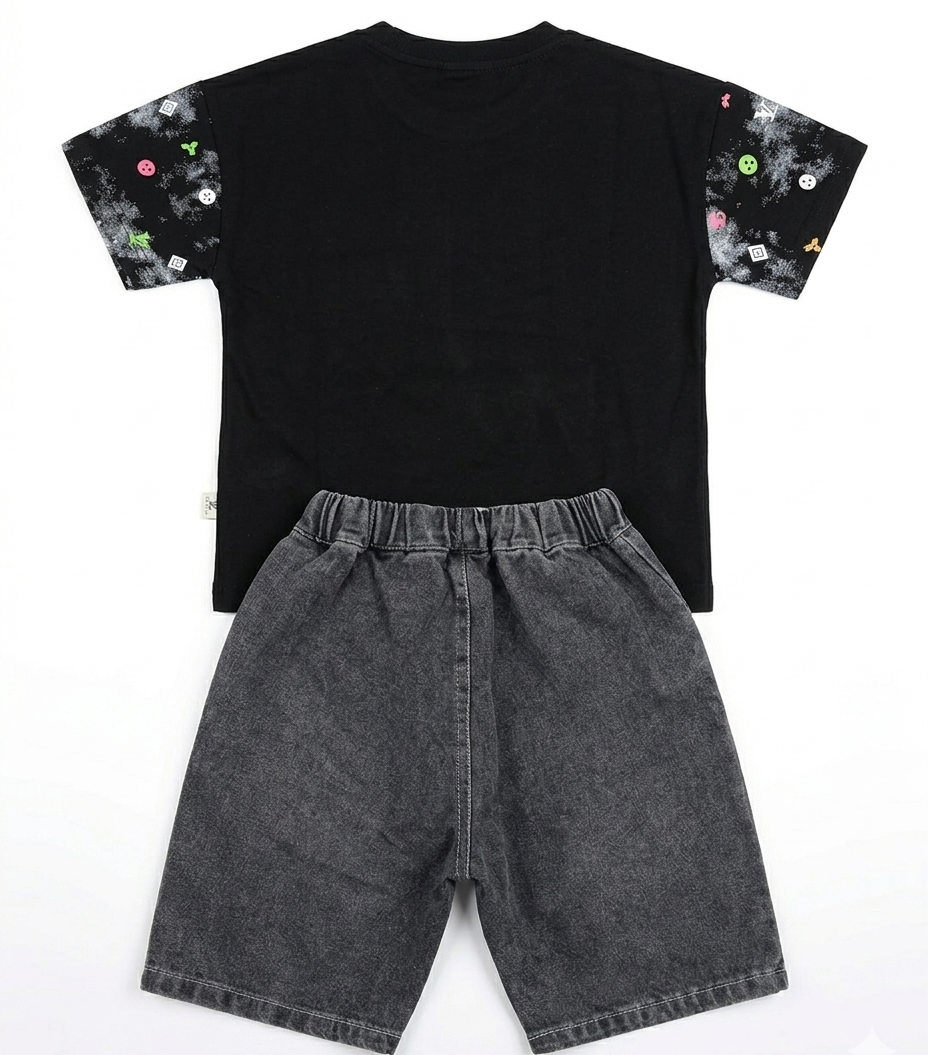 Boys Black Printed T-Shirt with Grey Denim Shorts
