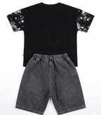 Boys Black Printed T-Shirt with Grey Denim Shorts