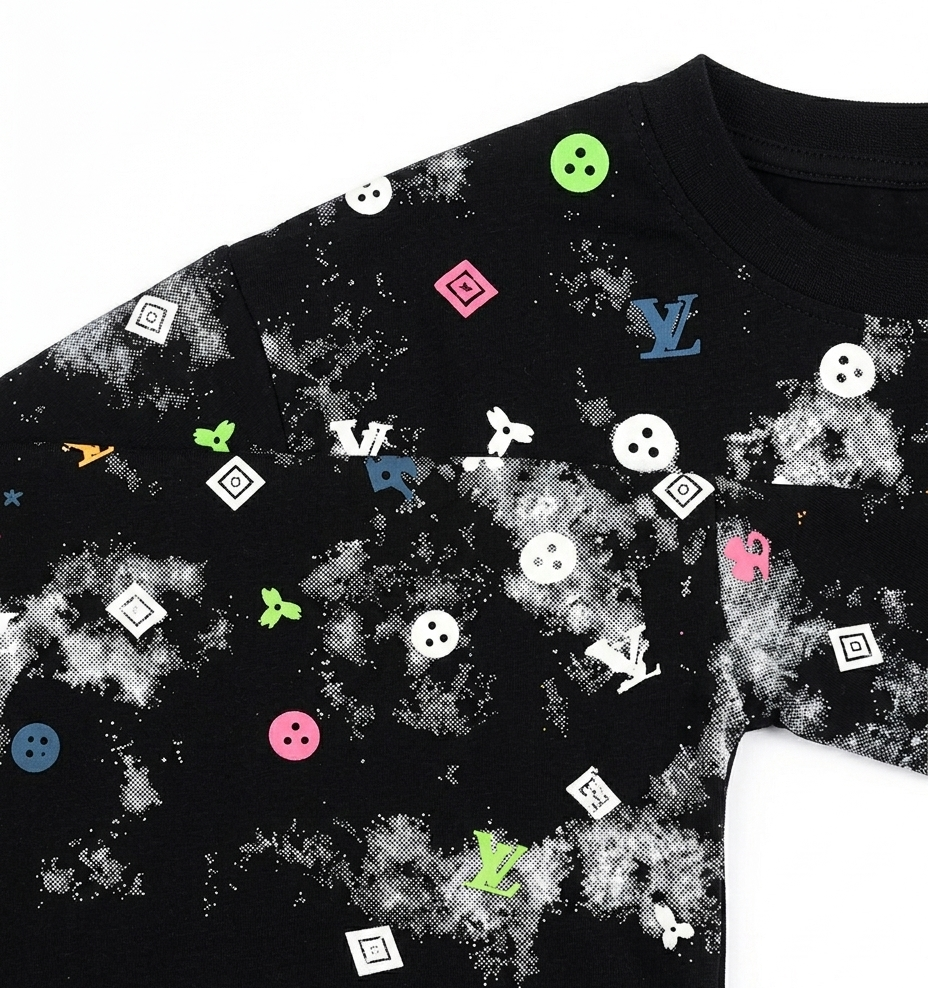 Boys Black Printed T-Shirt with Grey Denim Shorts