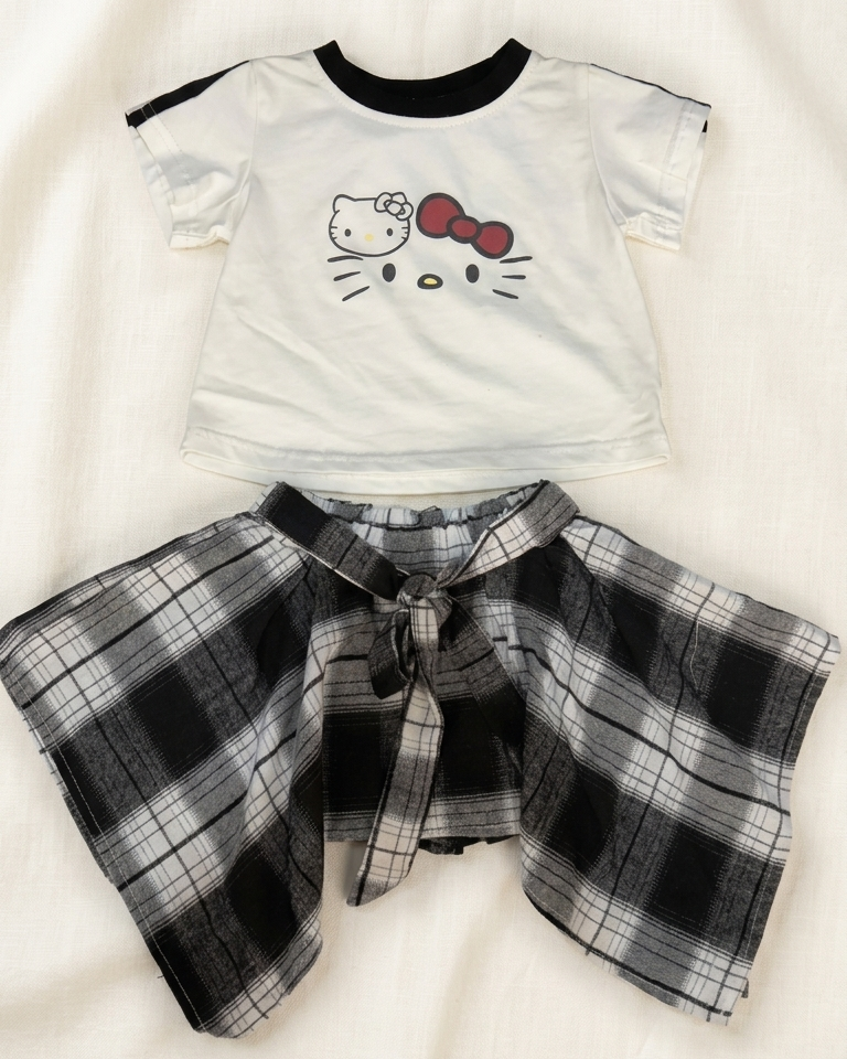 Girls White Kitty T Shirt and Skirt