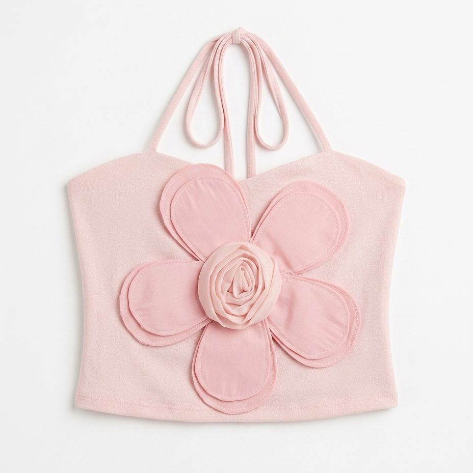 Girls Pink 3D Flower Halter Neck Crop Top