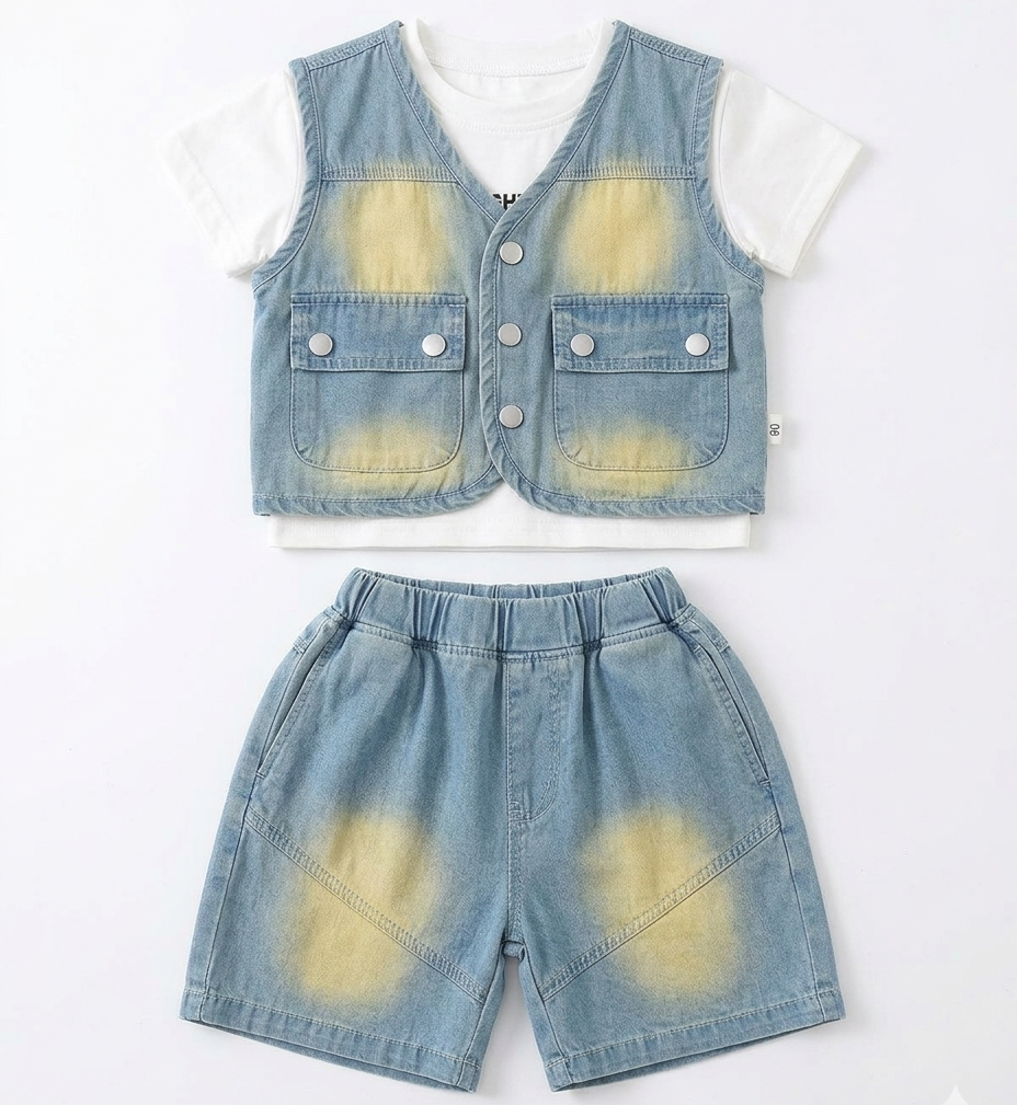 Boys Denim Waistcoat, T-Shirt & Shorts 3-Piece Set