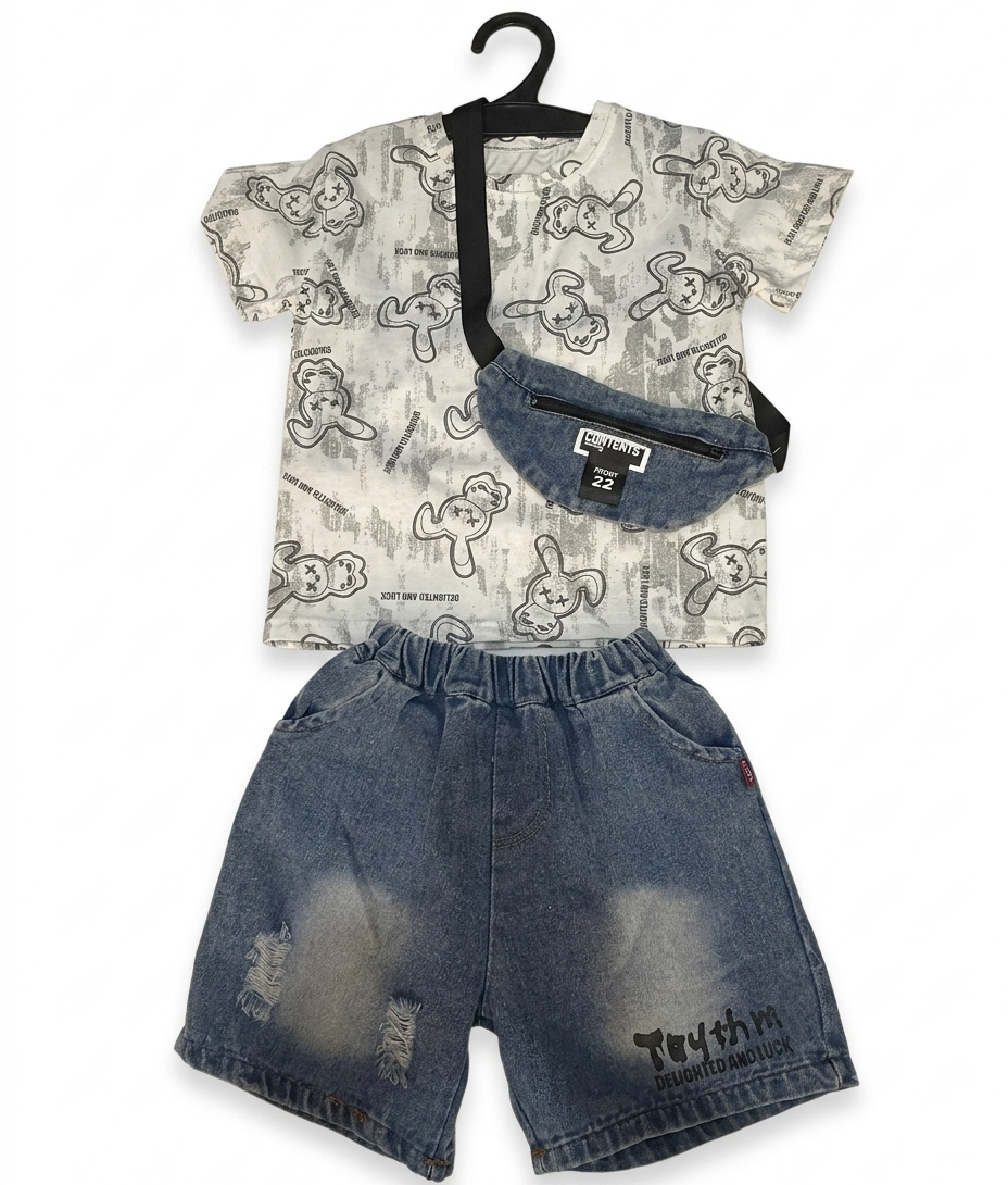 Boys Cartoon Print T-Shirt & Denim Shorts Co-Ord Set with Sling Bag