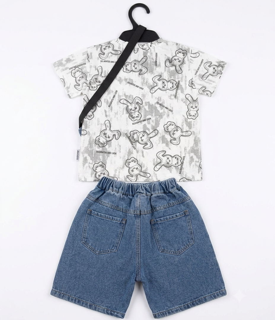 Boys Cartoon Print T-Shirt & Denim Shorts Co-Ord Set with Sling Bag