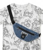 Boys Cartoon Print T-Shirt & Denim Shorts Co-Ord Set with Sling Bag