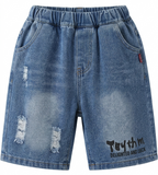 Boys Cartoon Print T-Shirt & Denim Shorts Co-Ord Set with Sling Bag