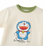 Boys Doraemon Print T-Shirt & Shorts Set with Matching Sling Bag