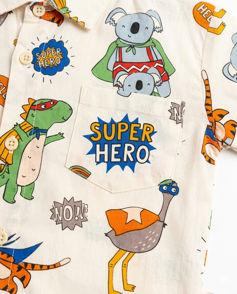 Boys Cartoon Print Shirt & Denim Shorts Co-Ord Set
