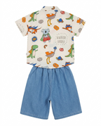 Boys Cartoon Print Shirt & Denim Shorts Co-Ord Set