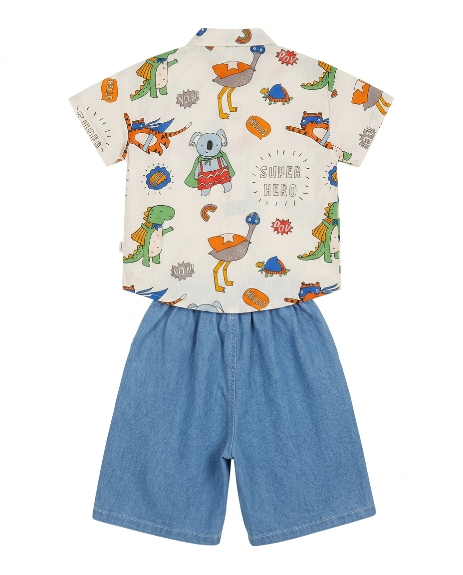Boys Cartoon Print Shirt & Denim Shorts Co-Ord Set
