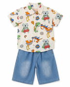 Boys Cartoon Print Shirt & Denim Shorts Co-Ord Set