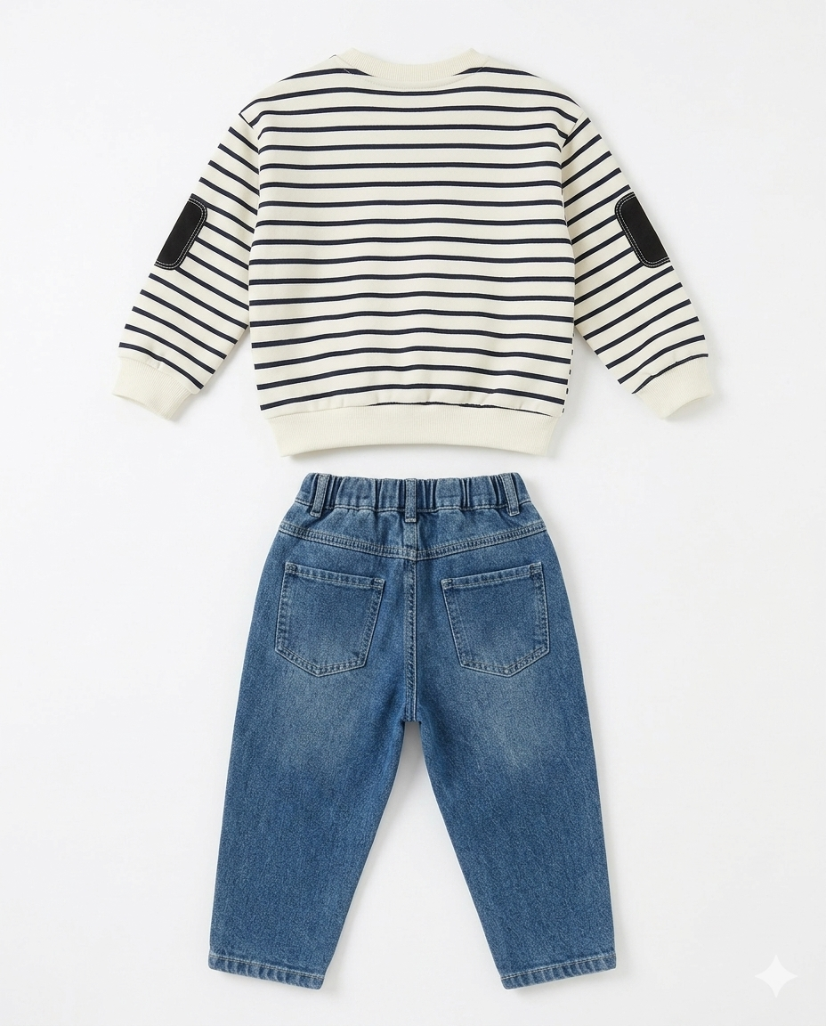 Boys White Striped Sweatshirt & Denim Jeans Set