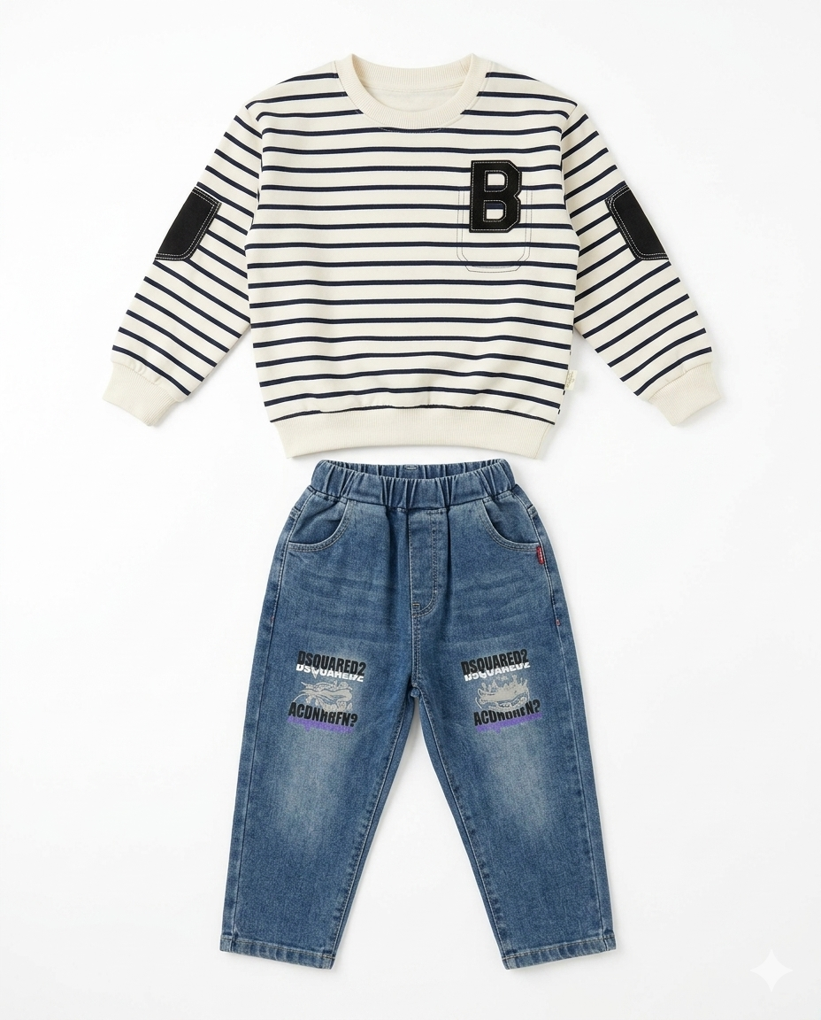 Boys White Striped Sweatshirt & Denim Jeans Set