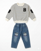 Boys White Striped Sweatshirt & Denim Jeans Set