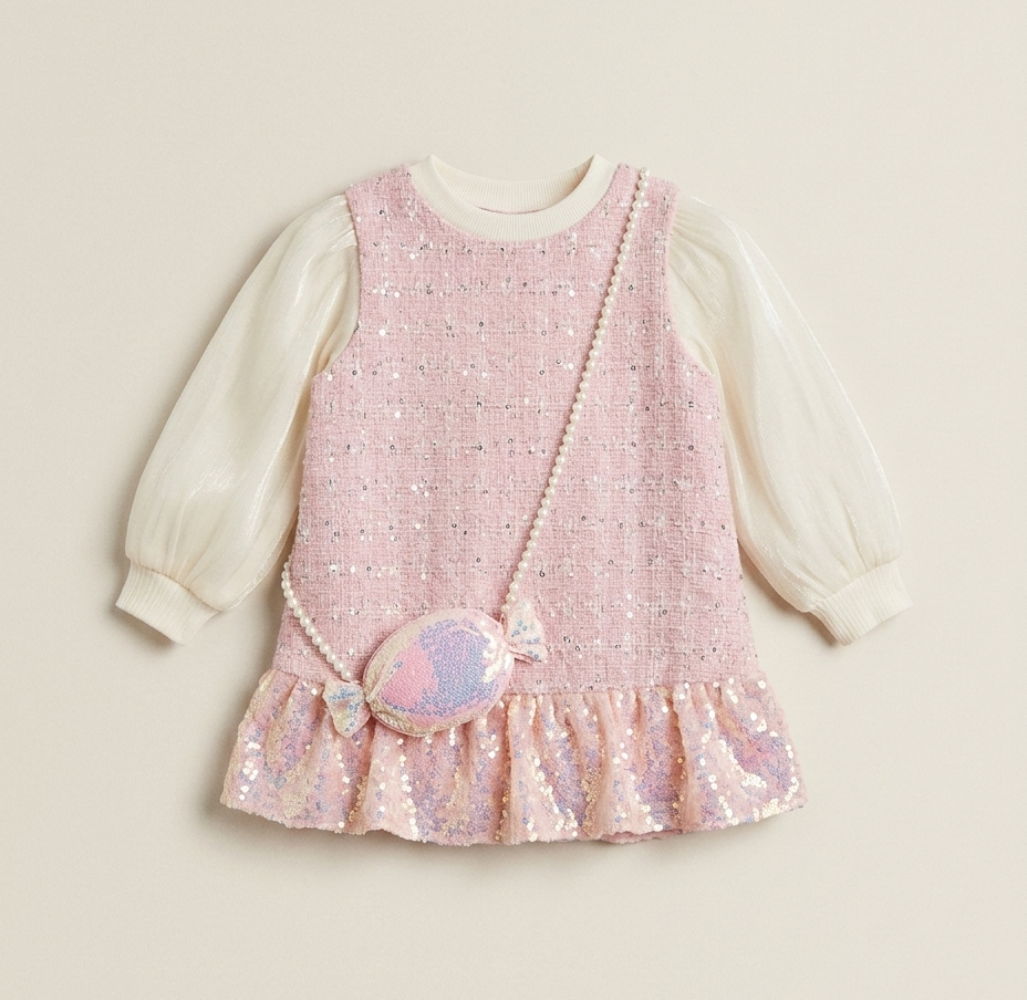 Girls Blush Pink Sequin Tweed Party Dress with Pearl Crossbody Bag