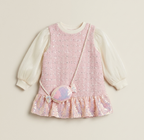 Girls Blush Pink Sequin Tweed Party Dress with Pearl Crossbody Bag