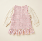 Girls Blush Pink Sequin Tweed Party Dress with Pearl Crossbody Bag