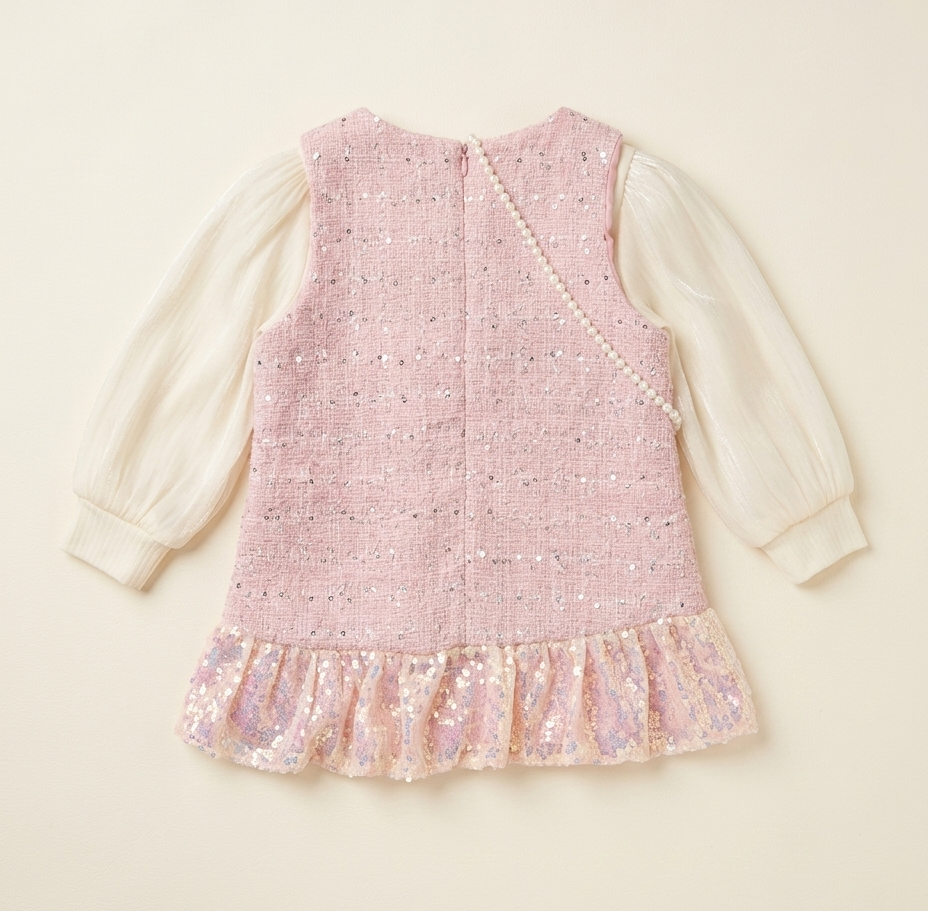 Girls Blush Pink Sequin Tweed Party Dress with Pearl Crossbody Bag
