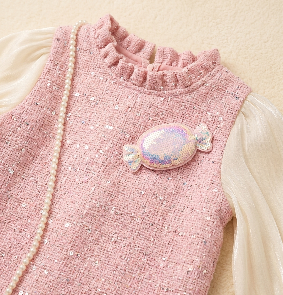 Girls Blush Pink Sequin Tweed Party Dress with Pearl Crossbody Bag