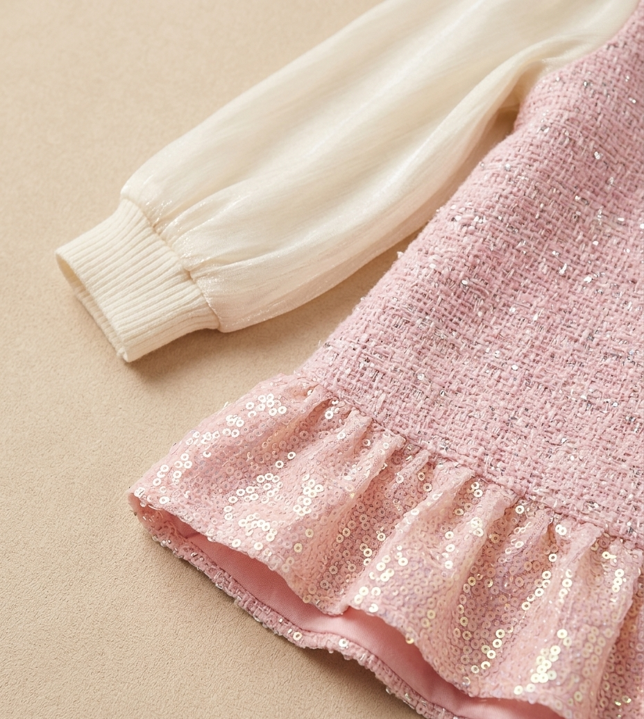 Girls Blush Pink Sequin Tweed Party Dress with Pearl Crossbody Bag