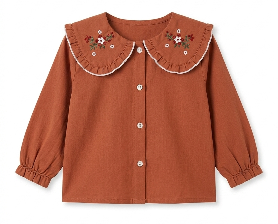 Girls Rust Embroidered Peter Pan Collar Cotton Shirt