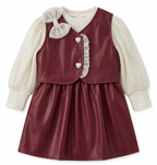 Girls Red Faux Leather Dress with Full Sleeve Shimmer Top