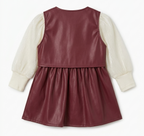 Girls Red Faux Leather Dress with Full Sleeve Shimmer Top