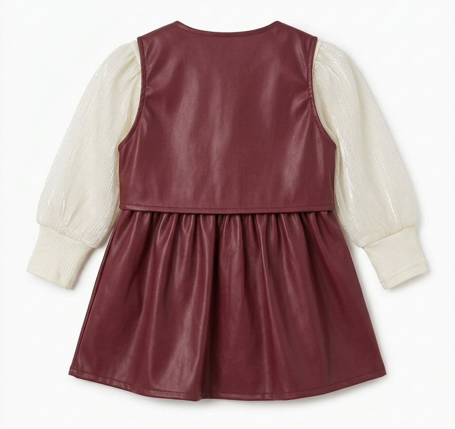 Girls Red Faux Leather Dress with Full Sleeve Shimmer Top