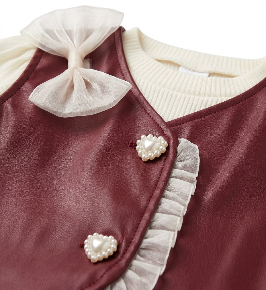 Girls Red Faux Leather Dress with Full Sleeve Shimmer Top