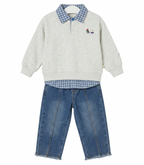 Boys Grey Sweatshirt & Blue Denim Pant Clothing 3 Piece Set