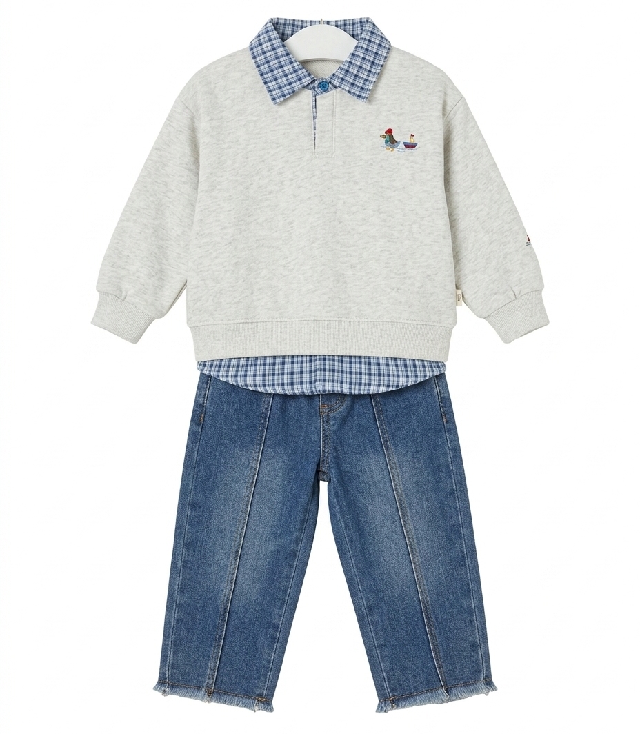 Boys Grey Sweatshirt & Blue Denim Pant Clothing 3 Piece Set