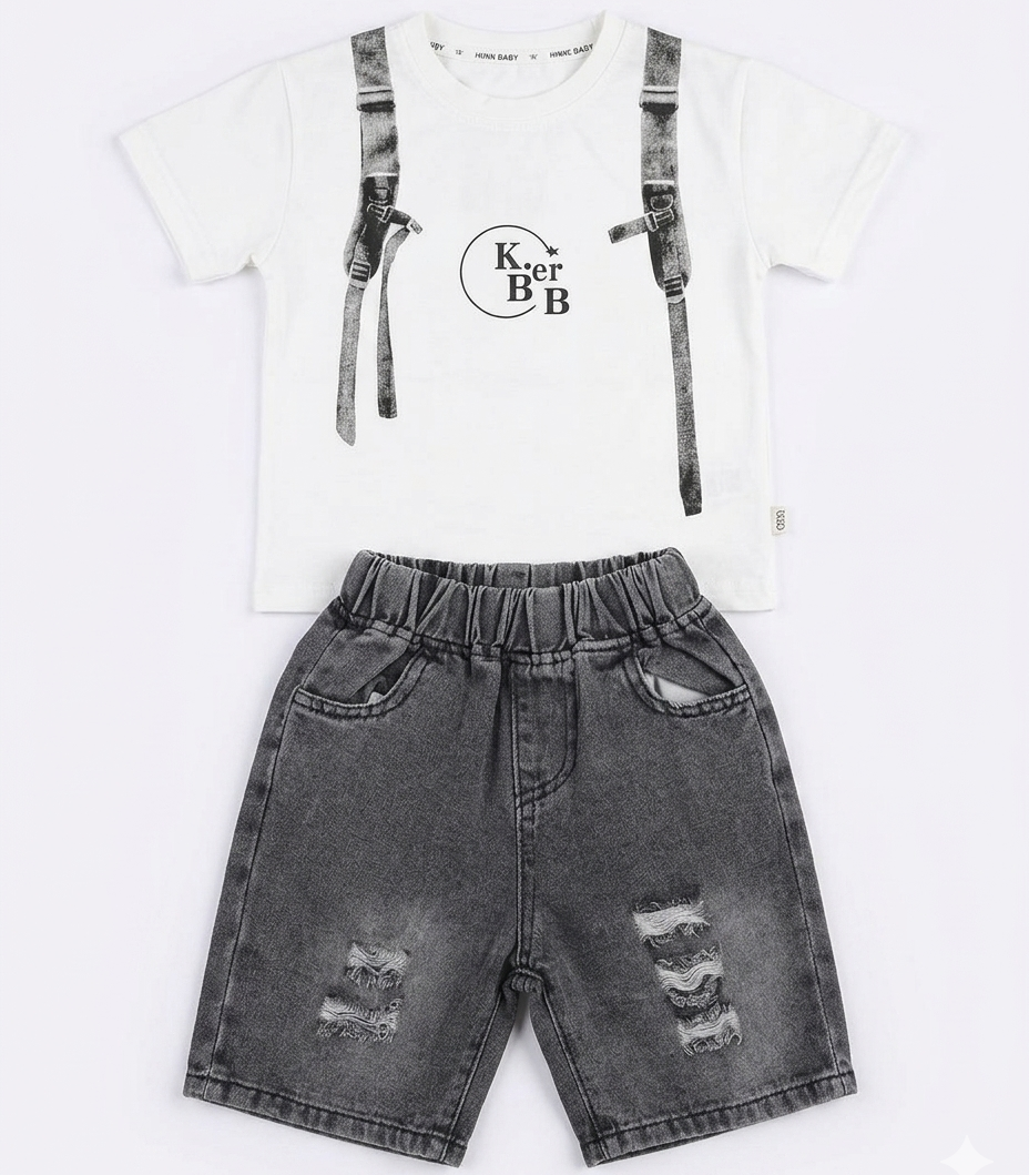 Boys White Printed T-Shirt with Grey Denim Shorts