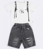 Boys White Printed T-Shirt with Grey Denim Shorts