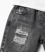 Boys White Printed T-Shirt with Grey Denim Shorts