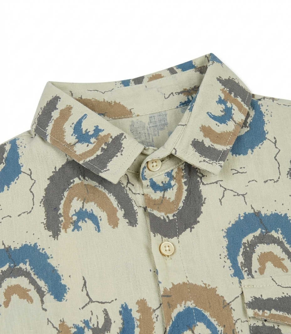 Boys Cream Printed Full Sleeve Casual Cotton Shirt