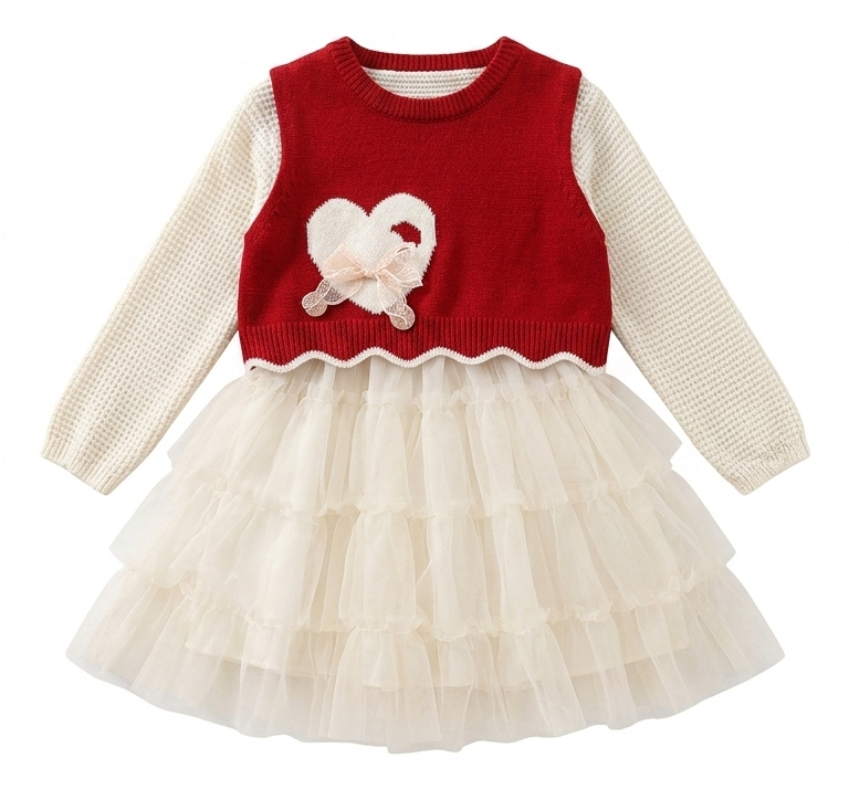 Girls Red Heart Knit Top with Cream Layered Dress