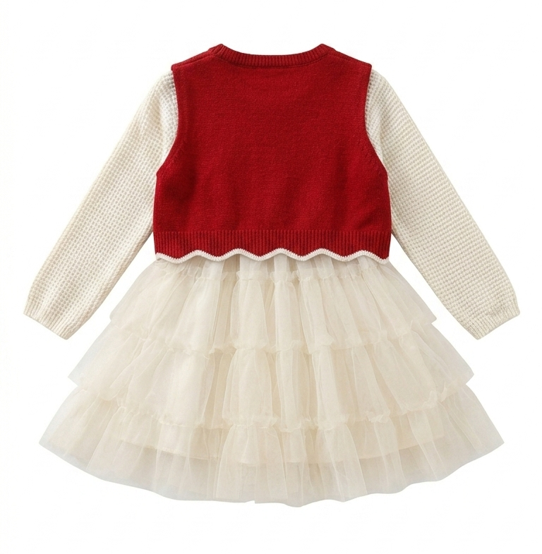 Girls Red Heart Knit Top with Cream Layered Dress