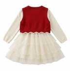 Girls Red Heart Knit Top with Cream Layered Dress