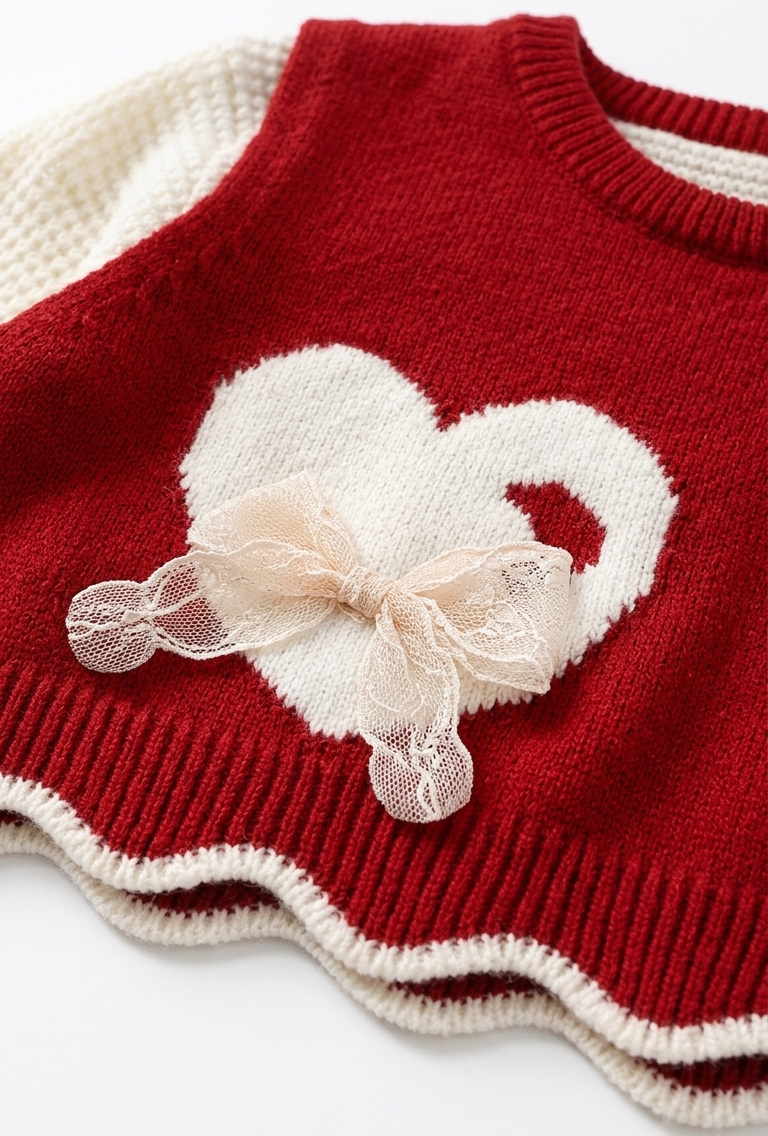 Girls Red Heart Knit Top with Cream Layered Dress
