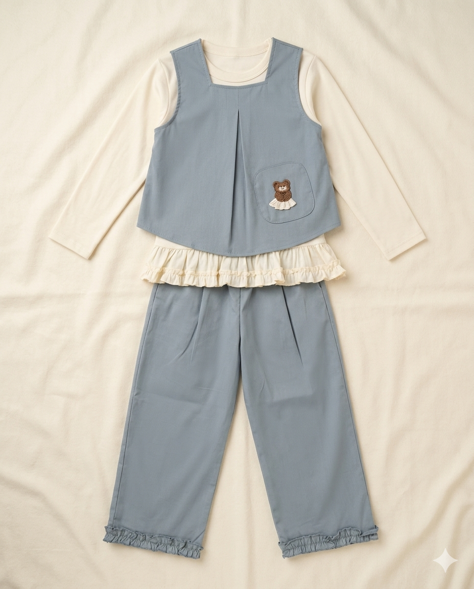 Girls Bear Embroidered Layered Co-Ord 3 Piece Set